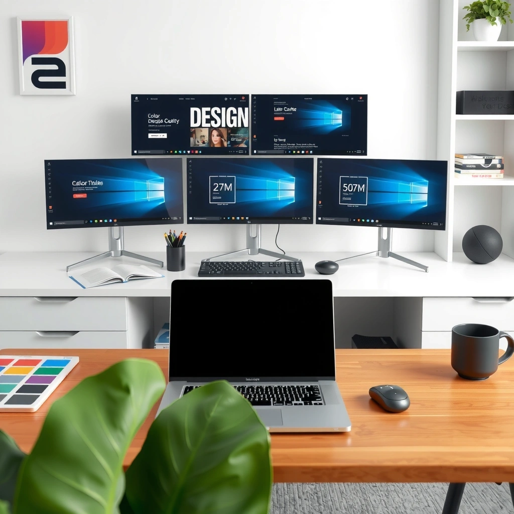 Professional web design workspace with modern computer setup and design elements